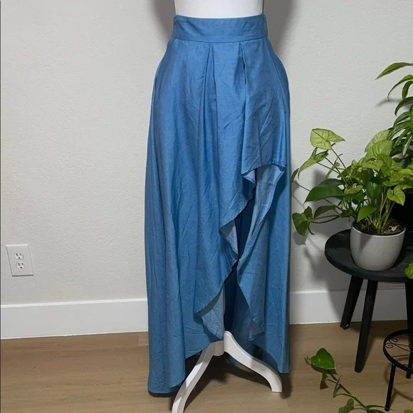 San Joy Blue High-Waist High Low Skirt - Picture 1 of 10